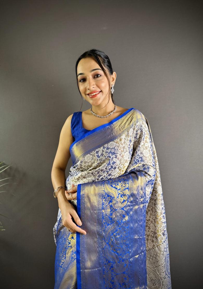 Blue Weaving Work Silk Saree Set - Indya