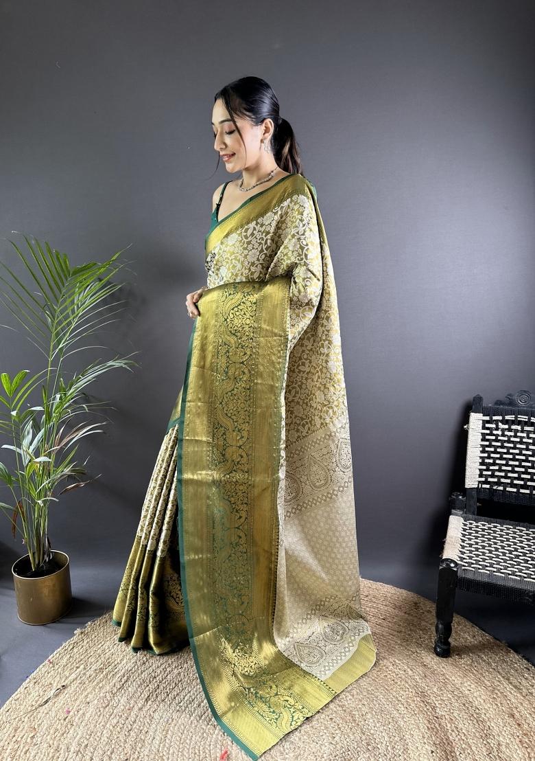 Green Weaving Work Silk Saree Set - Indya