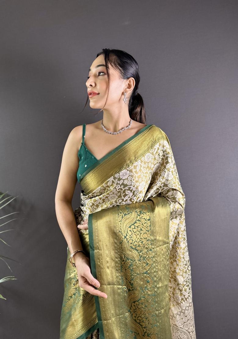 Green Weaving Work Silk Saree Set - Indya