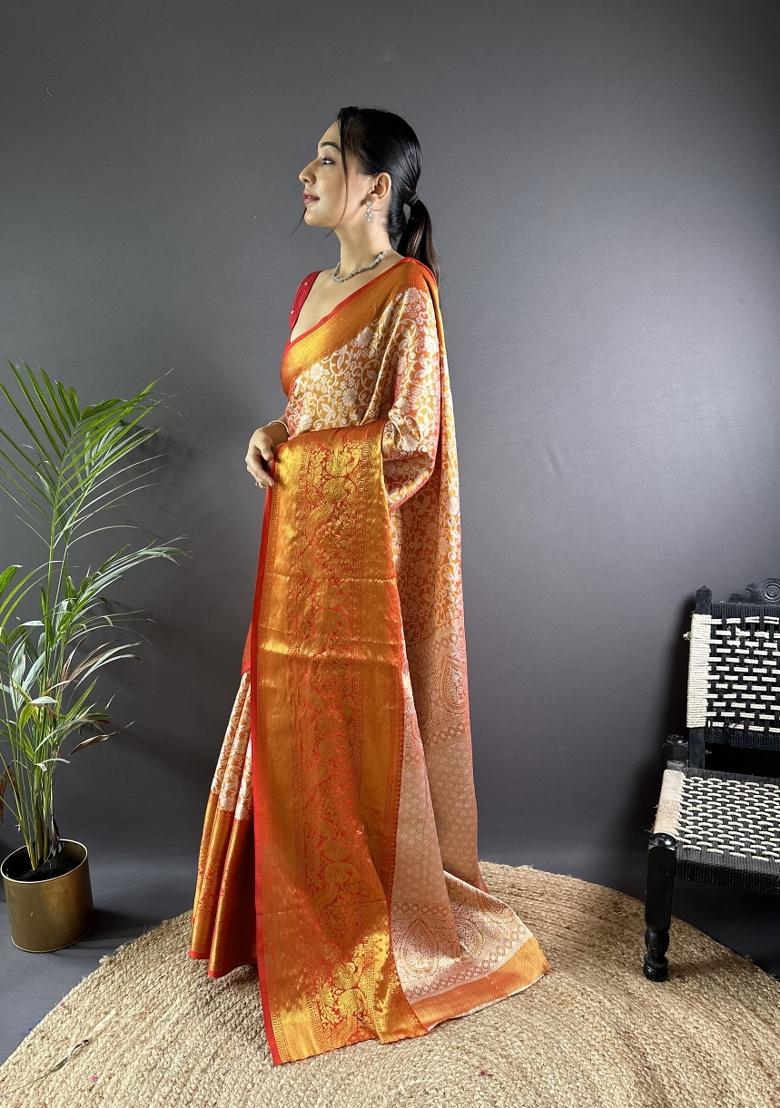 Red Weaving Work Silk Saree Set - Indya