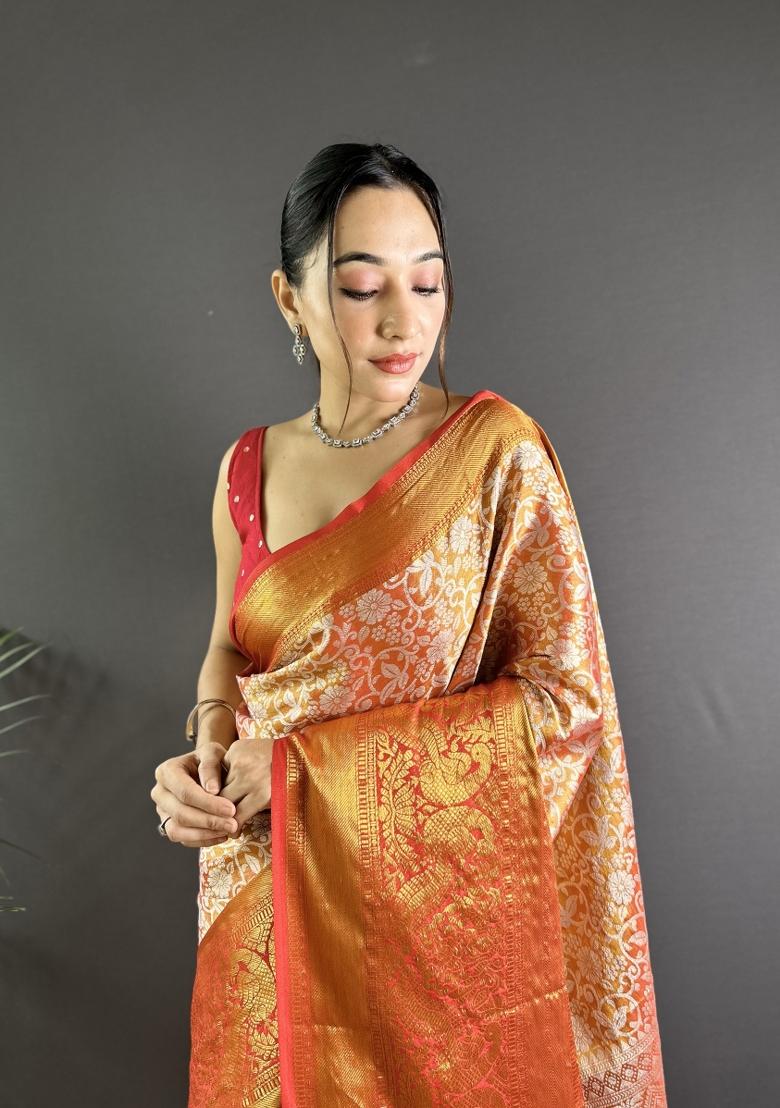 Red Weaving Work Silk Saree Set - Indya