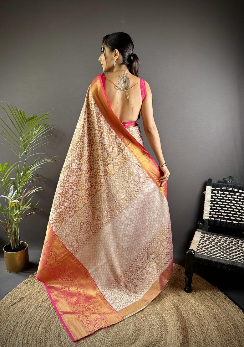 Pink Weaving Work Silk Saree Set - Indya