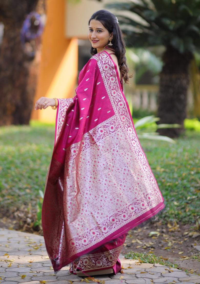Burgundy Weaving Work Silk Saree Set - Indya