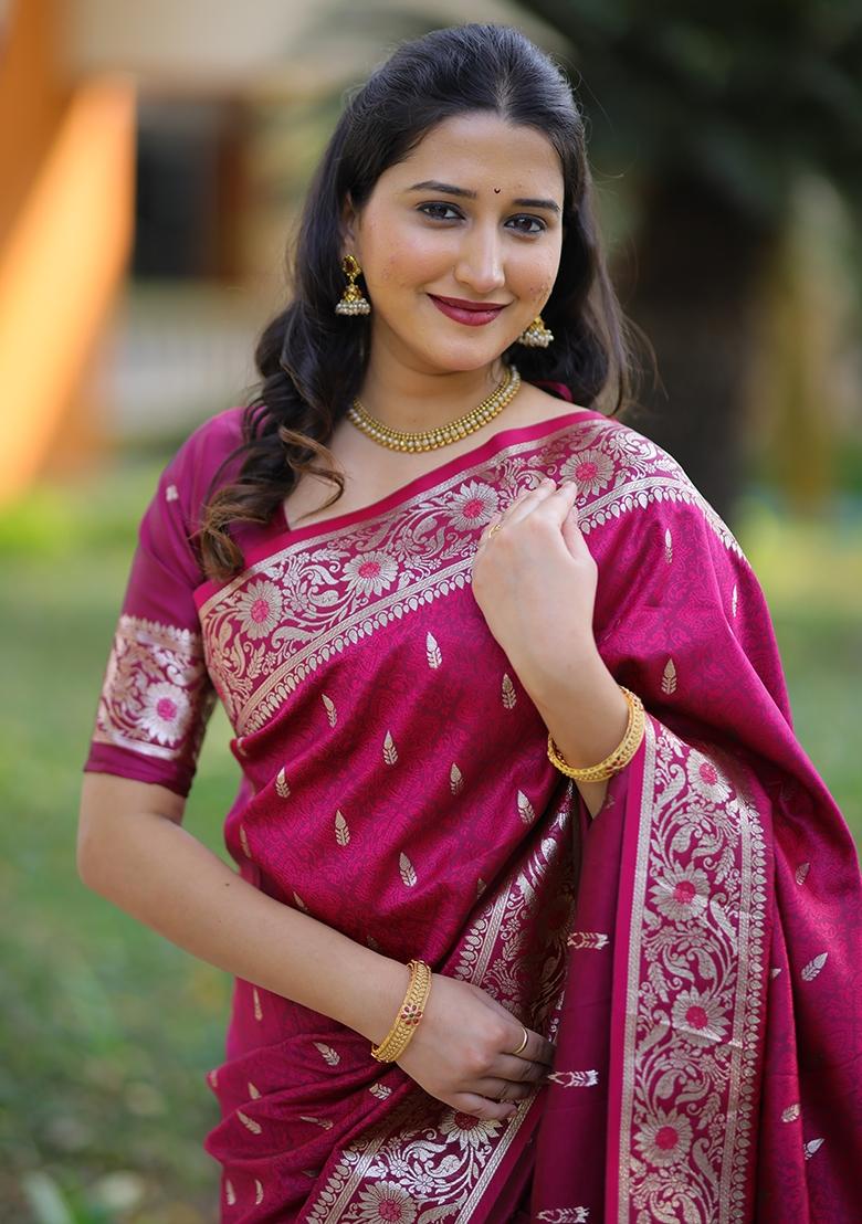 Burgundy Weaving Work Silk Saree Set - Indya