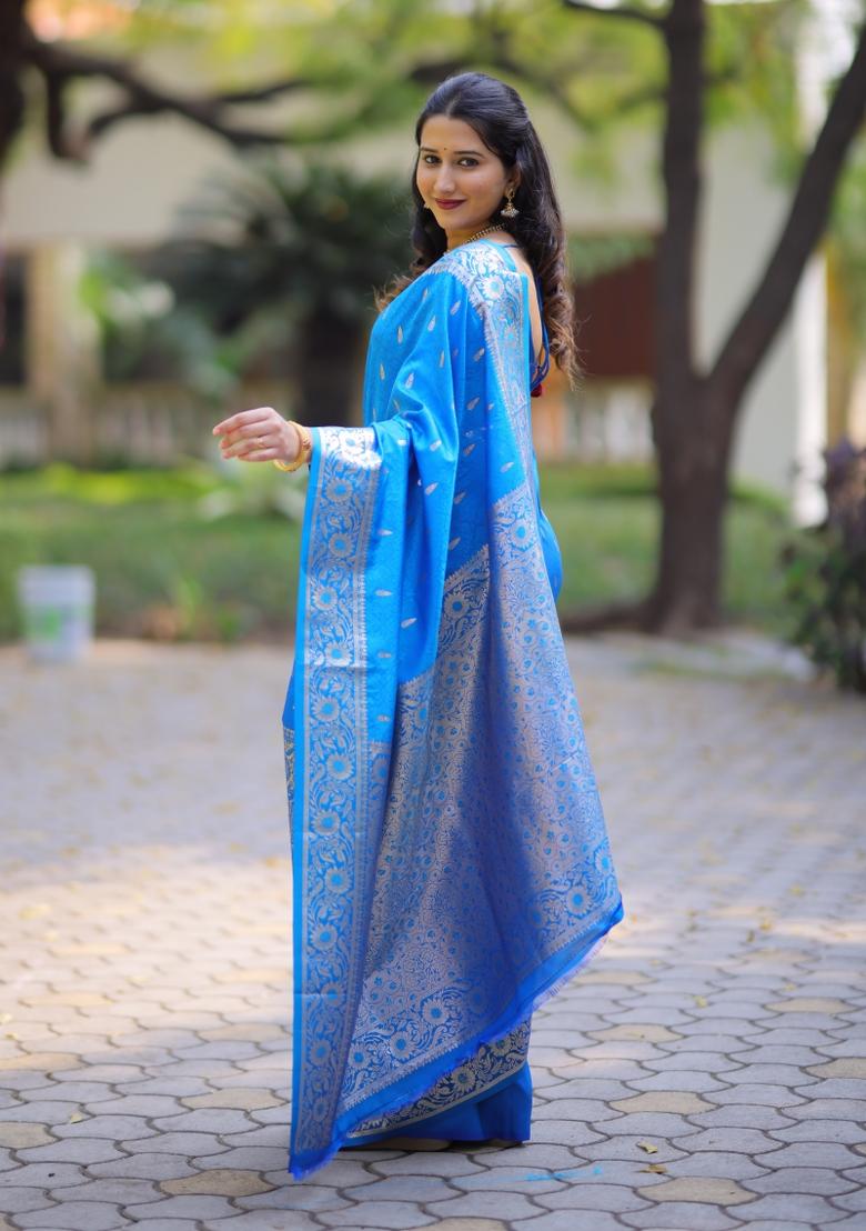 Firozi Weaving Work Silk Saree Set - Indya