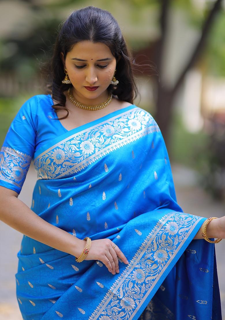 Firozi Weaving Work Silk Saree Set - Indya
