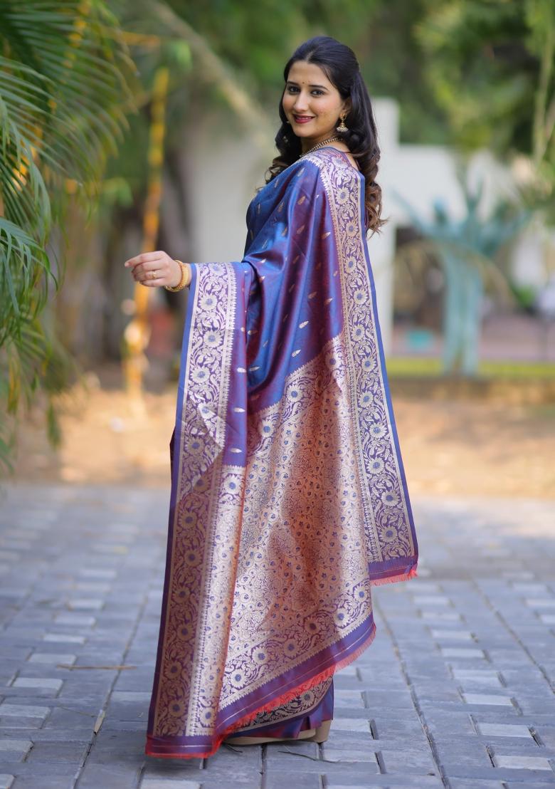 Grey Weaving Work Silk Saree Set - Indya