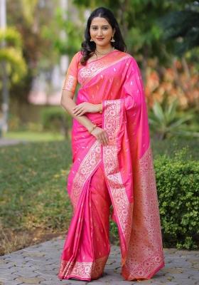 Pink Weaving Work Silk Saree Set