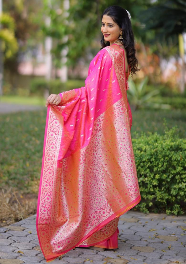 Pink Weaving Work Silk Saree Set - Indya