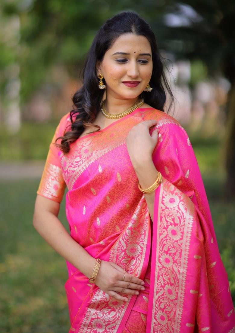 Pink Weaving Work Silk Saree Set - Indya