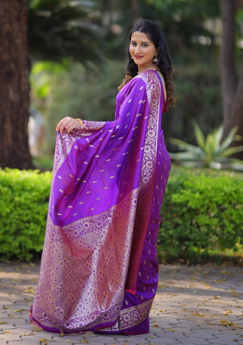 Purple Weaving Work Silk Saree Set - Indya