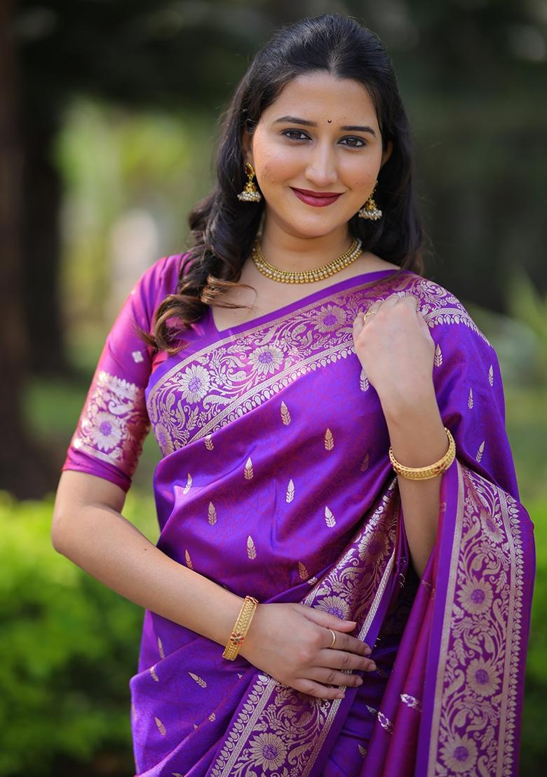 Purple Weaving Work Silk Saree Set - Indya