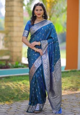 Teal Weaving Work Silk Saree Set