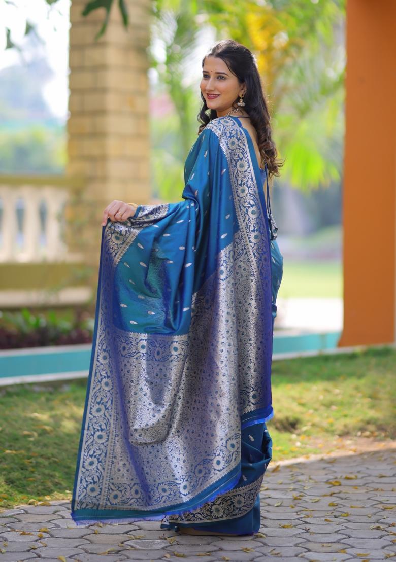 Teal Weaving Work Silk Saree Set - Indya