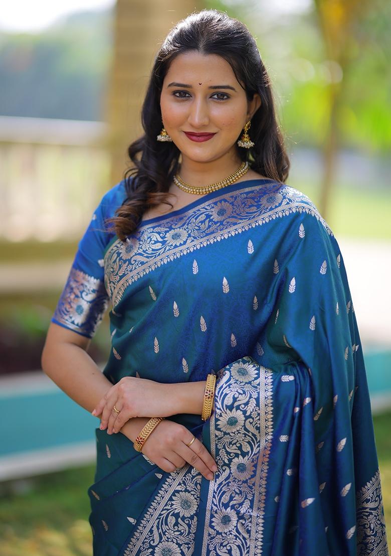 Teal Weaving Work Silk Saree Set - Indya