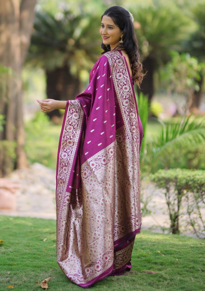 Wine Weaving Work Silk Saree Set - Indya
