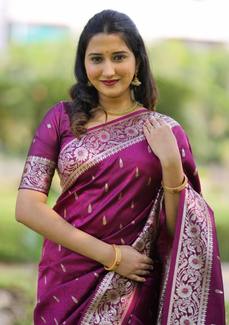 Wine Weaving Work Silk Saree Set - Indya