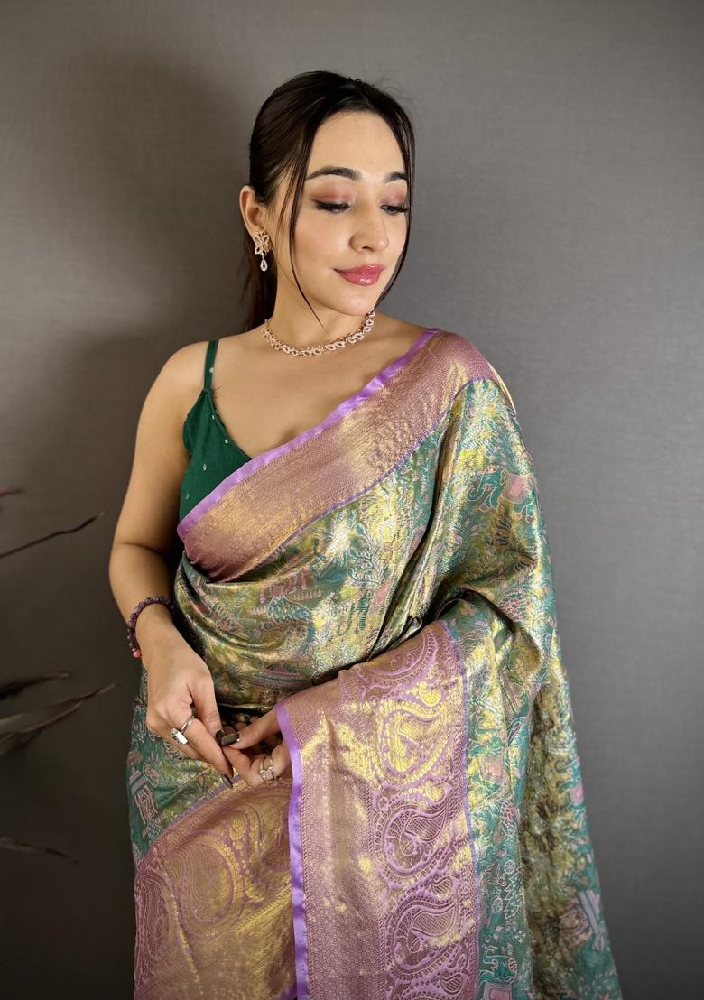 Multicolor Weaving Work Silk Saree Set - Indya