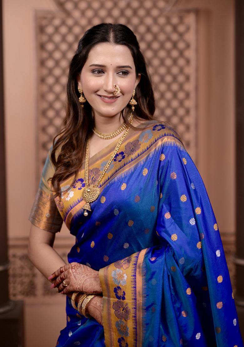 Blue Weaving Work Silk Saree Set - Indya