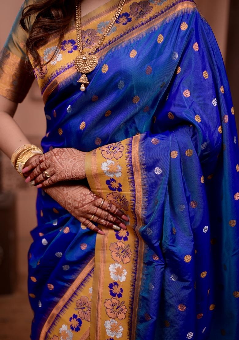 Blue Weaving Work Silk Saree Set - Indya