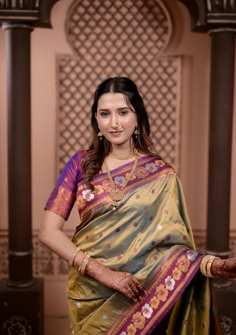 Mehendi Weaving Work Silk Saree Set - Indya