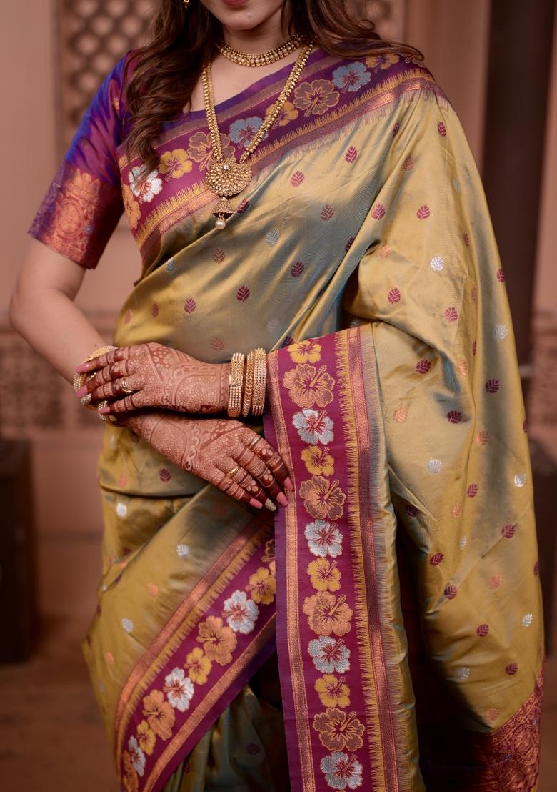 Mehendi Weaving Work Silk Saree Set - Indya