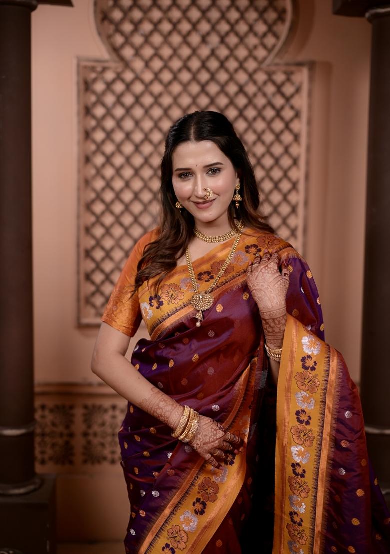 Maroon Weaving Work Silk Saree Set - Indya