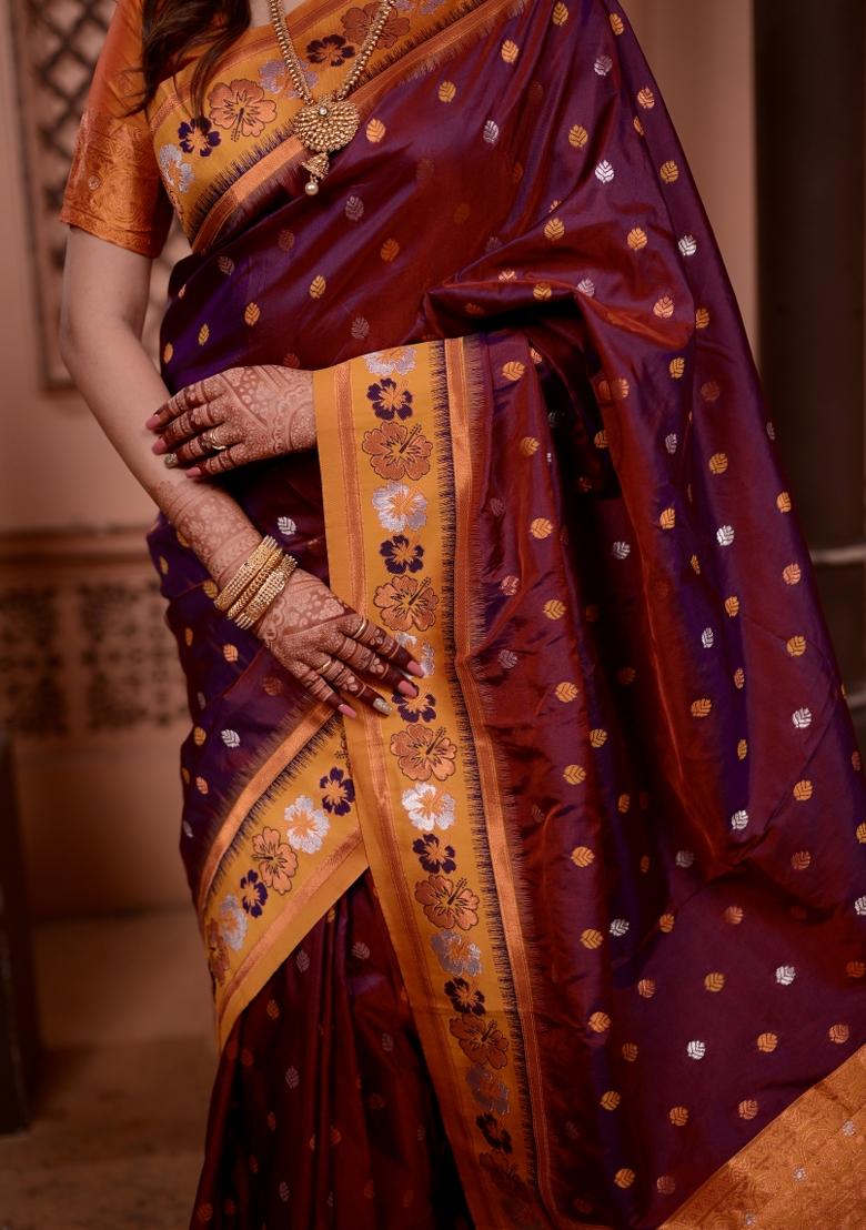 Maroon Weaving Work Silk Saree Set - Indya