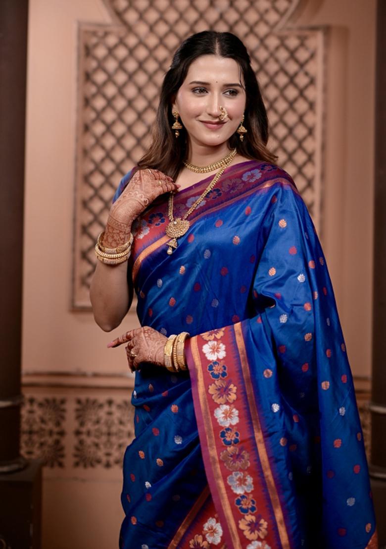 Blue Weaving Work Silk Saree Set - Indya