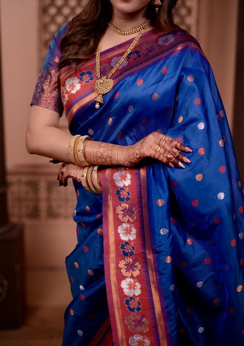 Blue Weaving Work Silk Saree Set - Indya