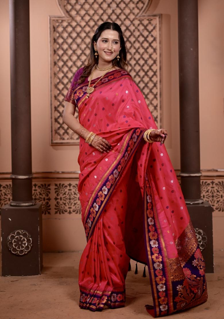 Pink Weaving Work Silk Saree Set - Indya