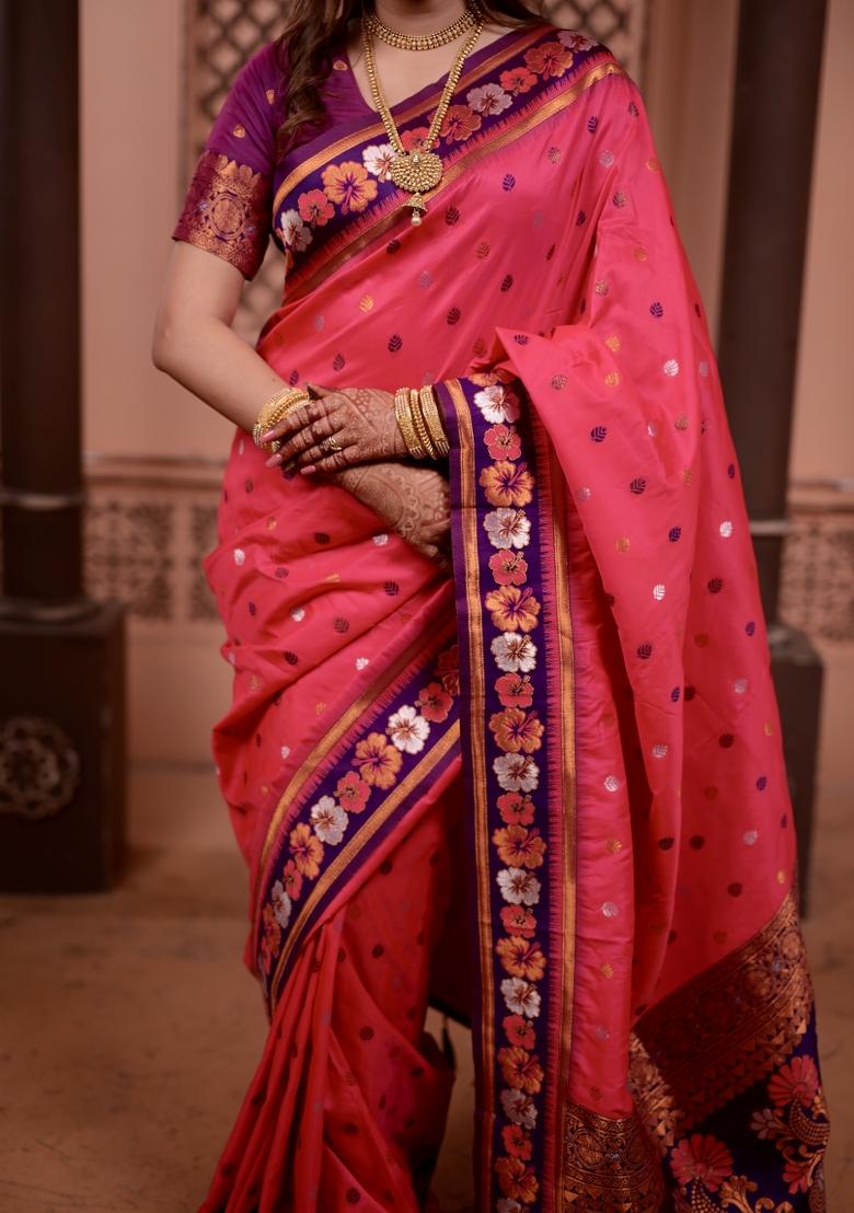 Pink Weaving Work Silk Saree Set - Indya