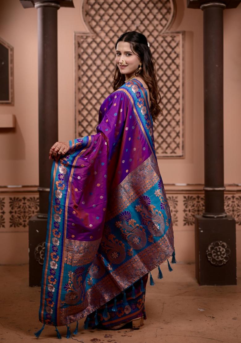 Purple Weaving Work Silk Saree Set - Indya