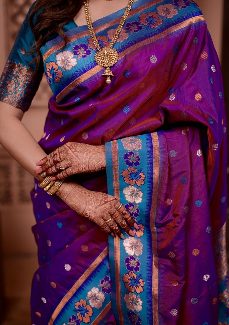 Purple Weaving Work Silk Saree Set - Indya