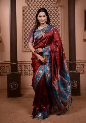 Red Weaving Work Silk Saree Set
