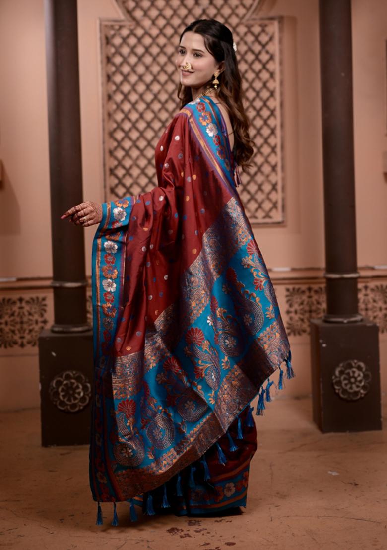 Red Weaving Work Silk Saree Set - Indya