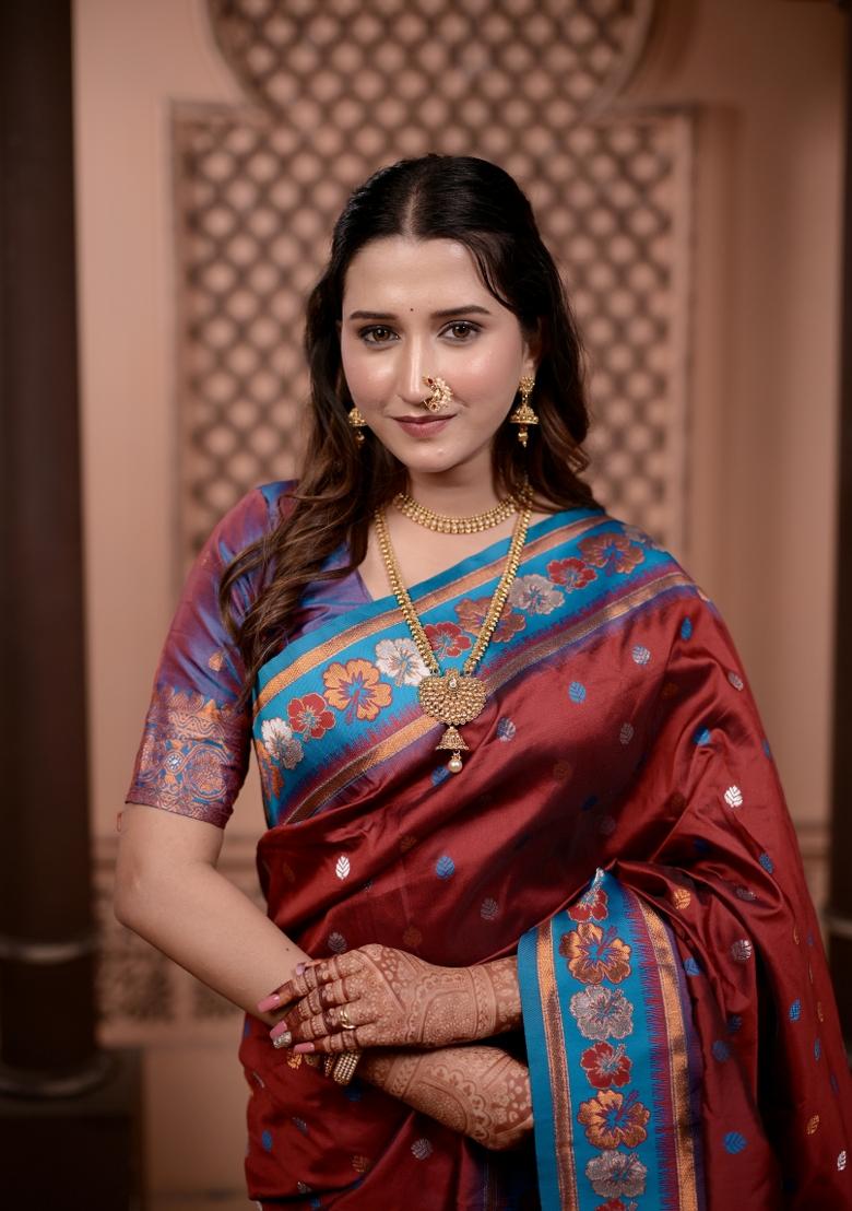 Red Weaving Work Silk Saree Set - Indya