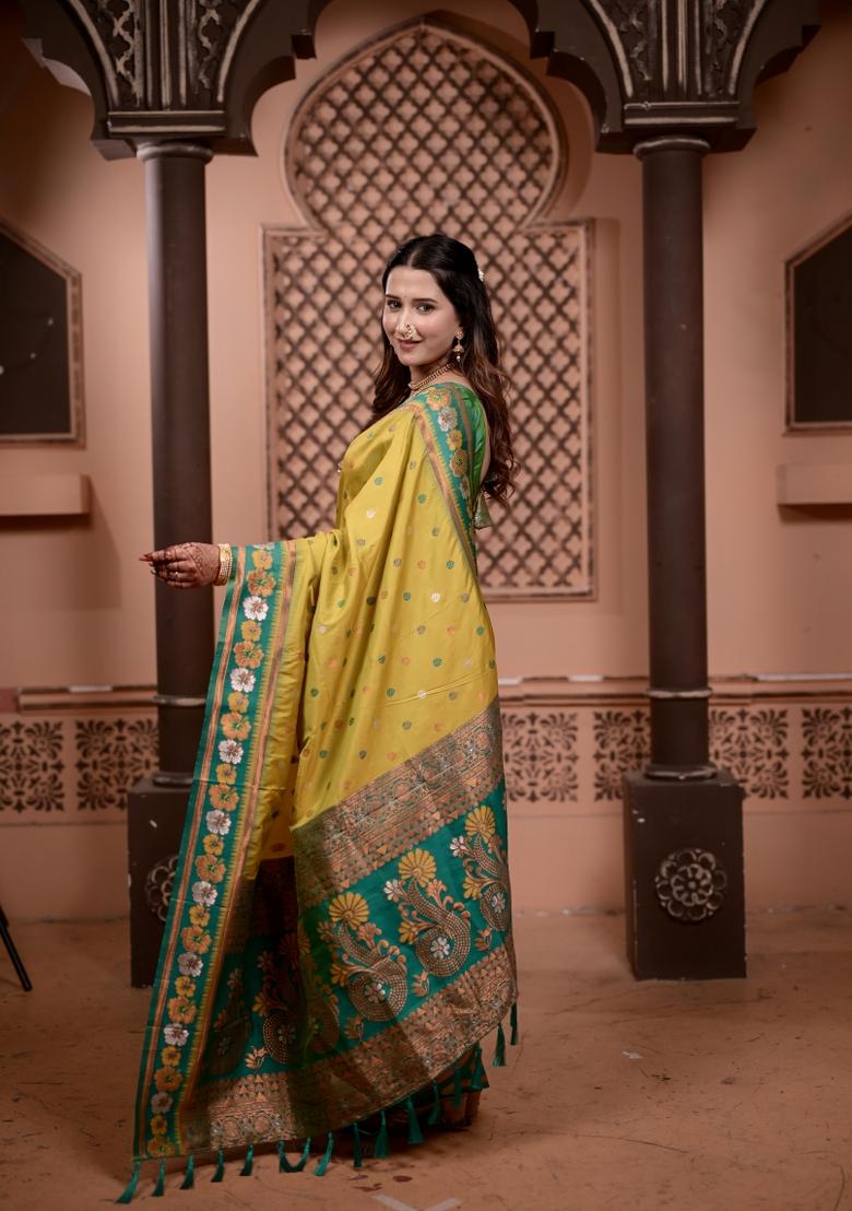 Yellow Weaving Work Silk Saree Set - Indya