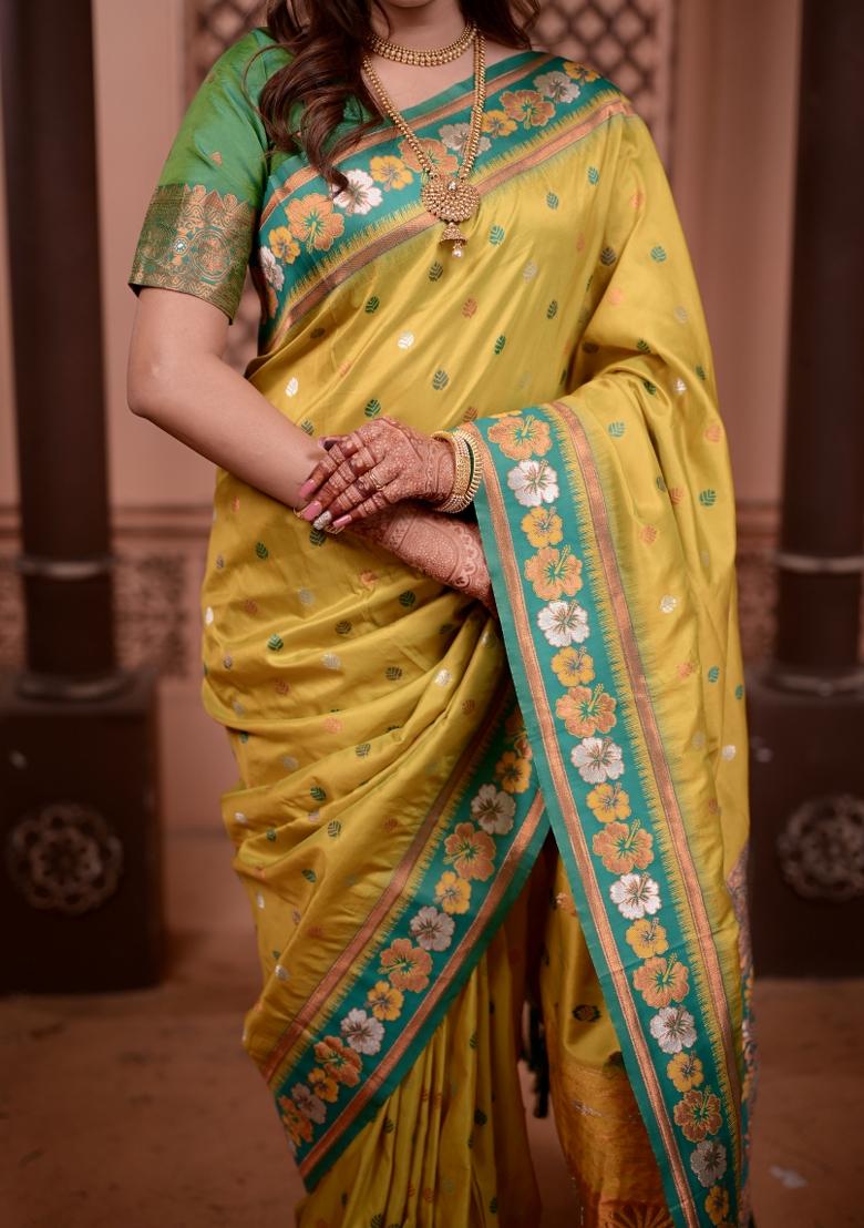 Yellow Weaving Work Silk Saree Set - Indya