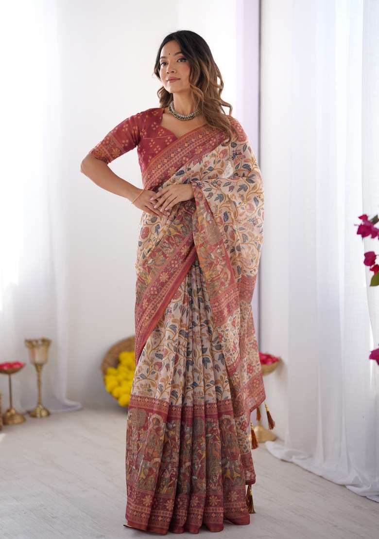 Multicolor Linen Saree for Diwali and Festive Wear - Indya