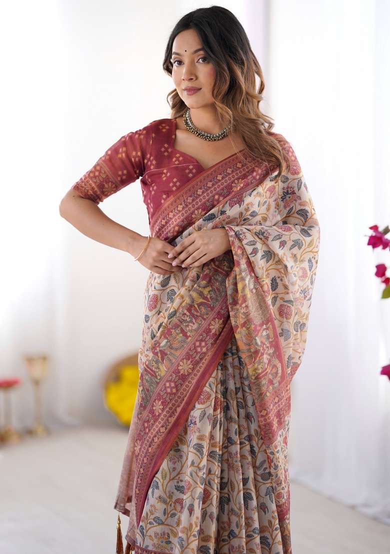 Multicolor Linen Saree for Diwali and Festive Wear - Indya