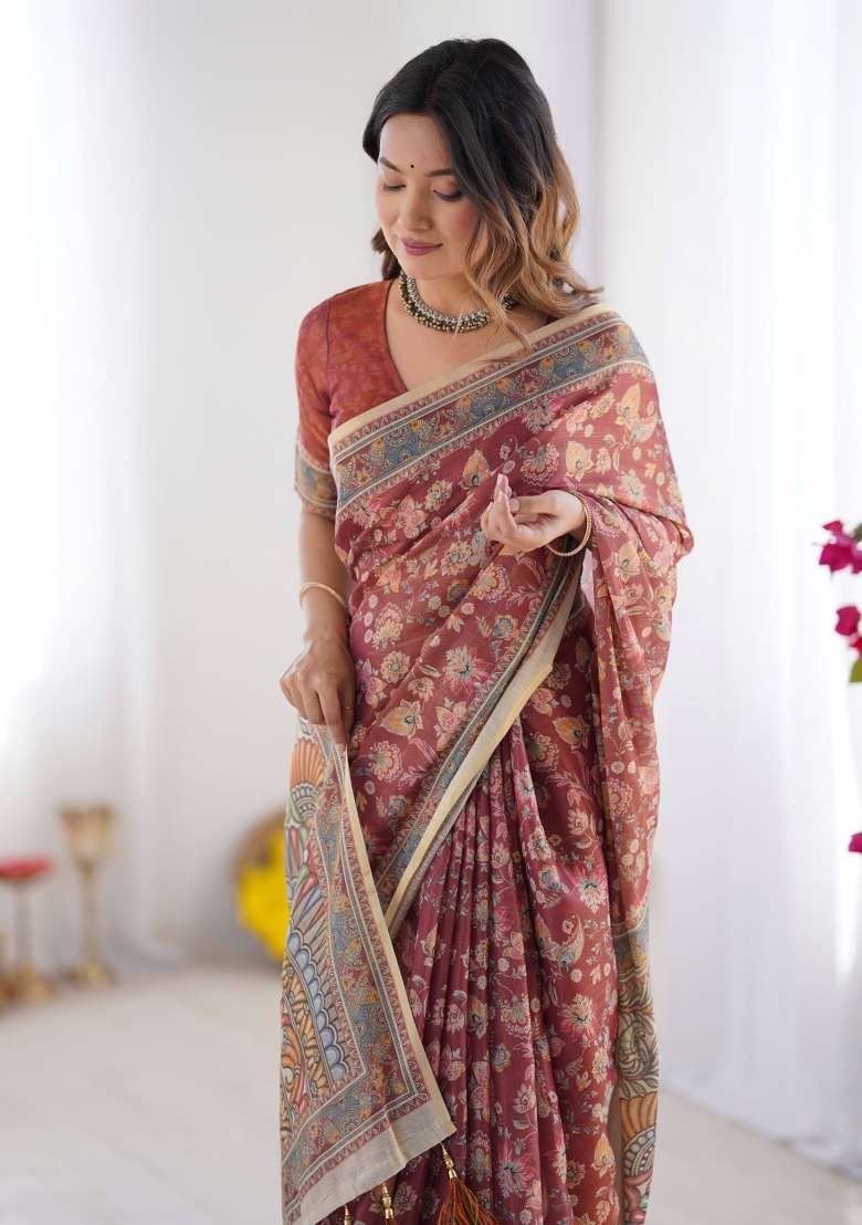 Multicolor Linen Saree for Diwali | Wedding & Festive Wear - Indya