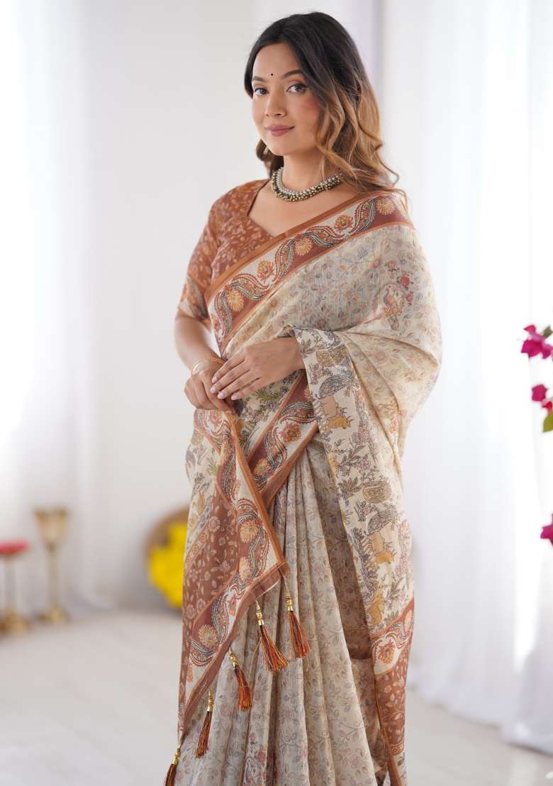 Multicolor Linen Saree for Diwali | Wedding & Festive Wear - Indya