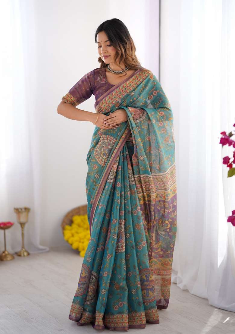 Multicolor Linen Saree for Diwali | Wedding & Festive Wear - Indya