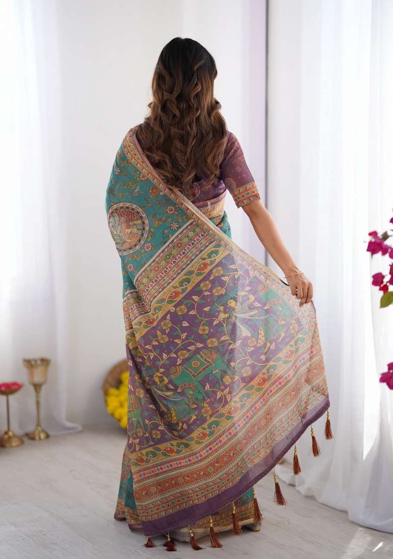 Multicolor Linen Saree for Diwali | Wedding & Festive Wear - Indya