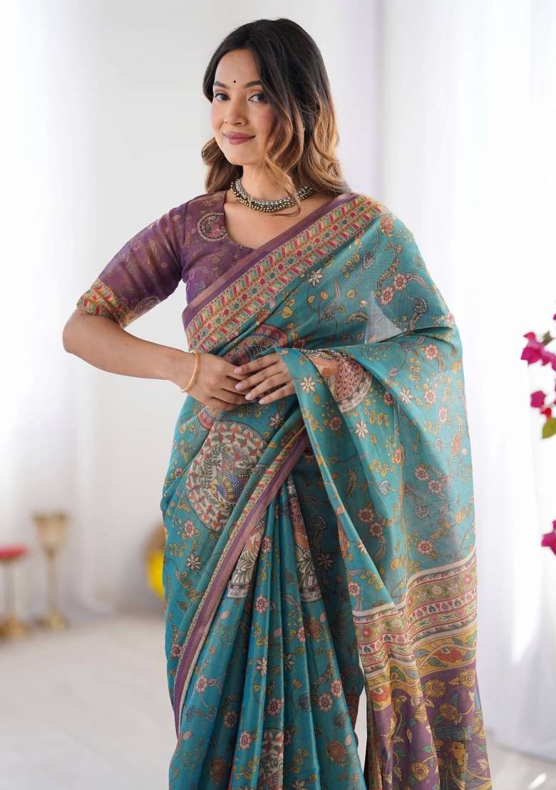 Multicolor Linen Saree for Diwali | Wedding & Festive Wear - Indya
