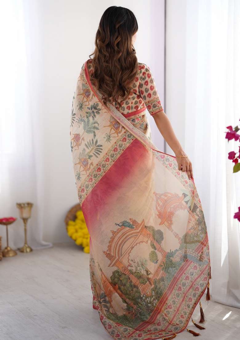 Multicolor Linen Saree for Diwali and Festive Wear - Indya