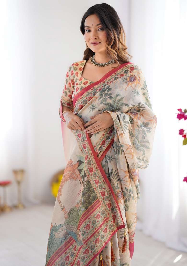 Multicolor Linen Saree for Diwali and Festive Wear - Indya