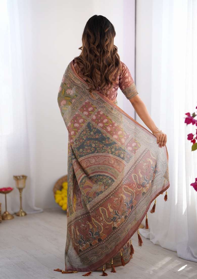 Multicolor Linen Saree for Diwali | Wedding & Festive Wear - Indya