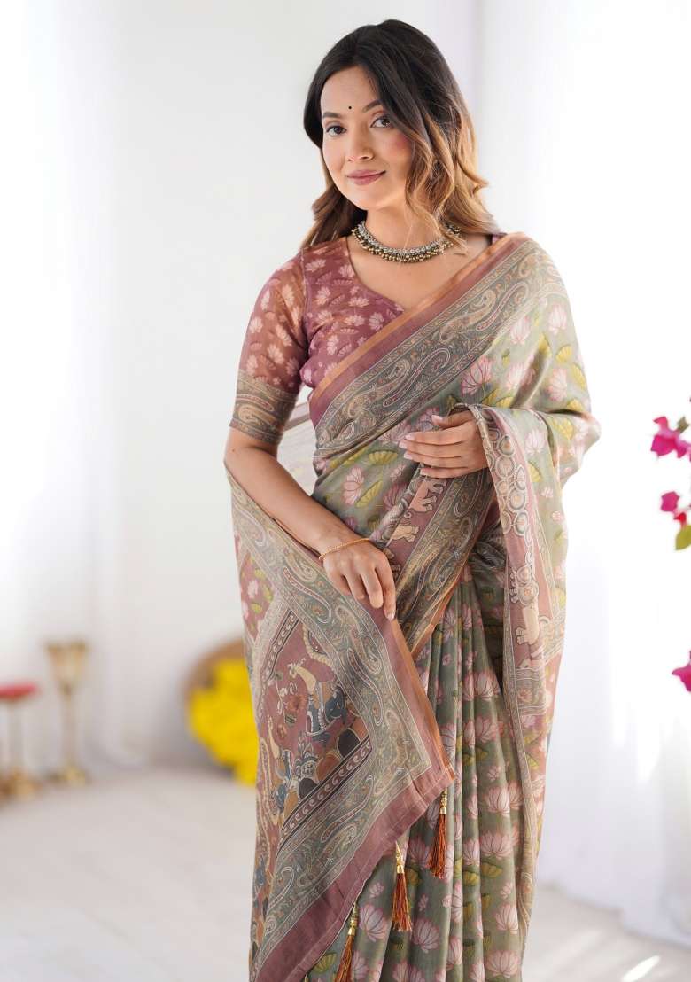 Multicolor Linen Saree for Diwali | Wedding & Festive Wear - Indya